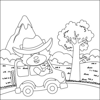 Araba süren sevimli küçük maymun orman komik hayvan çizgi filmine gidiyor, çizgi çizen el çizimi çizimi çizen çocuk grafikleri Yetişkin ve Çocuk Boyama Kitabı için çizim yapıyor..