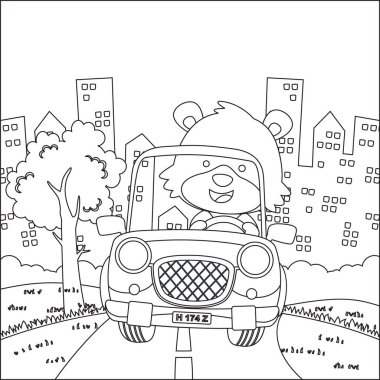 Küçük şirin tilki çizgi filmi güneşli bir günde off-road araba sürerken eğleniyor. Çizgi film izole vektör çizimi, çocuk aktivite kitabı veya sayfa boyama için yaratıcı vektör tasarımı.