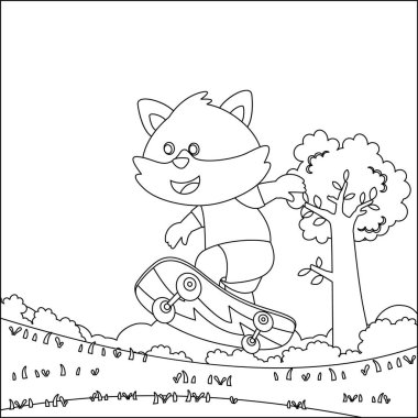 Kaykaydaki küçük şirin tilkinin vektör çizimi. Çizgi film izole vektör çizimi, çocuk aktivite kitabı veya sayfa boyama için yaratıcı vektör tasarımı.