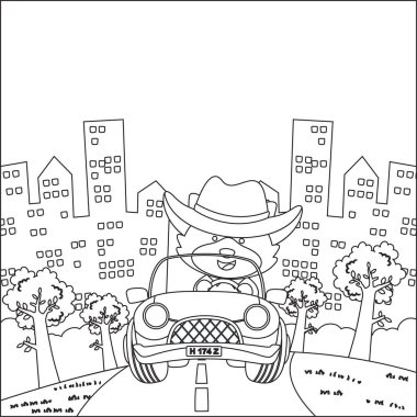 Küçük şirin tilki çizgi filmi güneşli bir günde off-road araba sürerken eğleniyor. Çizgi film izole vektör çizimi, çocuk aktivite kitabı veya sayfa boyama için yaratıcı vektör tasarımı.