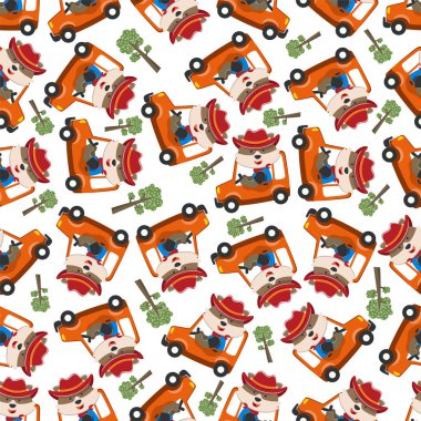 Araba süren şirin tilkinin kusursuz deseni orman komik hayvan çizgi filmine, vektör illüstrasyonuna gidiyor. Vektör çizimi. Çocuklar için T-Shirt Tasarımı. Çocuklar için tasarım ögeleri.