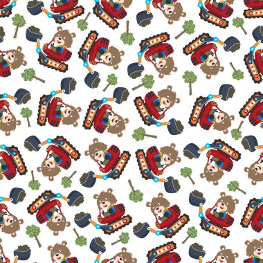 Kazı makinesindeki şirin tilkinin kusursuz deseni. Tişört baskısı için kullanılabilir, çocuklar moda tasarımı giyer, tişört baskısı, bebek kıyafetleri, poster. ve diğer dekorasyon.