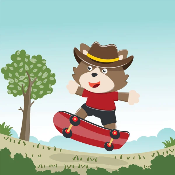 Cute Cartoon Character Fox Skater Vector Print Cute Bear Skateboard — Stock Vector