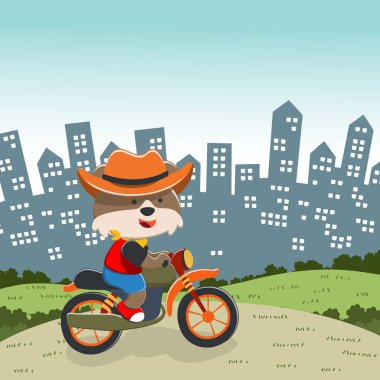 Şirin küçük tilki motosiklet, komik hayvan çizgi filmi, vektör çizimi. Kumaş, tekstil, bebek odası duvar kâğıdı, poster, kart, broşür için yaratıcı çocuksu bir geçmiş. ve diğer dekorasyon.