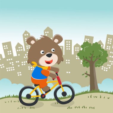 Bisiklet süren sevimli küçük ayı. Moda çocukları grafikleri. Vektör çizimi. Çocuklar için T-Shirt Tasarımı. Çocuklar için tasarım ögeleri.