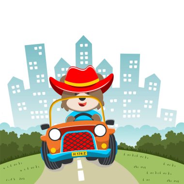 Çizgi film stili şirin tilki biniciliği aracının vektör çizimi. Tişört izi, çocuk giysisi, davetiye kartı için kullanılabilir. kumaş, tekstil, çocuk odası duvar kağıdı ve diğer dekorasyonlar.