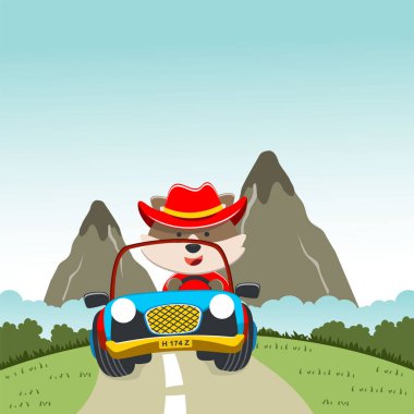 Çizgi film stili şirin tilki biniciliği aracının vektör çizimi. Tişört izi, çocuk giysisi, davetiye kartı için kullanılabilir. kumaş, tekstil, çocuk odası duvar kağıdı ve diğer dekorasyonlar.