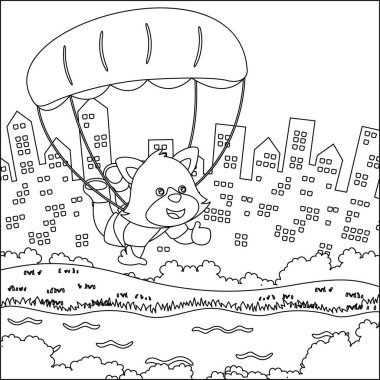 Çocuk aktivite kitabı ya da sayfa boyama için çizgi film stili çocuksu tasarımı olan küçük tilki ile gökyüzü dalışının vektör çizimi.