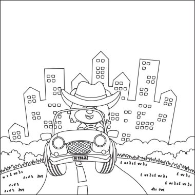 Küçük şirin tilki çizgi filmi güneşli bir günde off-road araba sürerken eğleniyor. Çizgi film izole vektör çizimi, çocuk aktivite kitabı veya sayfa boyama için yaratıcı vektör tasarımı.