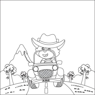 Küçük şirin tilki çizgi filmi güneşli bir günde off-road araba sürerken eğleniyor. Çizgi film izole vektör çizimi, çocuk aktivite kitabı veya sayfa boyama için yaratıcı vektör tasarımı.