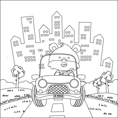 Küçük şirin tilki çizgi filmi güneşli bir günde off-road araba sürerken eğleniyor. Çizgi film izole vektör çizimi, çocuk aktivite kitabı veya sayfa boyama için yaratıcı vektör tasarımı.