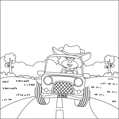 Küçük şirin tilki çizgi filmi güneşli bir günde off-road araba sürerken eğleniyor. Çizgi film izole vektör çizimi, çocuk aktivite kitabı veya sayfa boyama için yaratıcı vektör tasarımı.