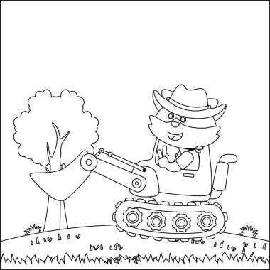 Çocuk aktivite kitabı ya da sayfa boyama için sevimli hayvan yaratıcı vektör çocuk tasarımı ile ağır aracın vektör illüstrasyonu.