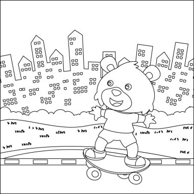 Kaykaydaki küçük şirin tilkinin vektör çizimi. Çizgi film izole vektör çizimi, çocuk aktivite kitabı veya sayfa boyama için yaratıcı vektör tasarımı.