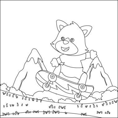 Kaykaydaki küçük şirin tilkinin vektör çizimi. Çizgi film izole vektör çizimi, çocuk aktivite kitabı veya sayfa boyama için yaratıcı vektör tasarımı.