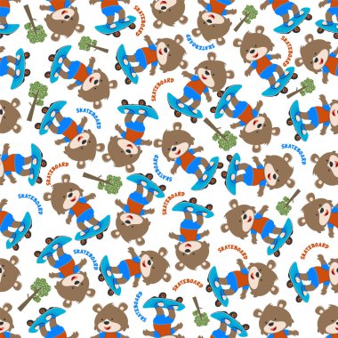 Seamless pattern vector of cute little fox on skate board, For fabric textile, nursery, baby clothes, background, textile, wrapping paper and other decoration.
