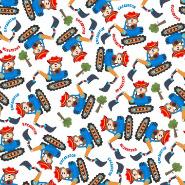 Kazı makinesindeki şirin tilkinin kusursuz deseni. Tişört baskısı için kullanılabilir, çocuklar moda tasarımı giyer, tişört baskısı, bebek kıyafetleri, poster. ve diğer dekorasyon.