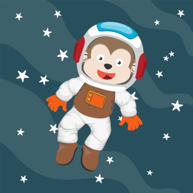 Cute cosmonaut bear in a spacesuit flies in outer space. Vector illustration on the space theme in cartoon style.