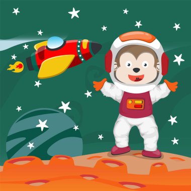 Cute cosmonaut bear in a spacesuit flies in outer space. Vector illustration on the space theme in cartoon style.