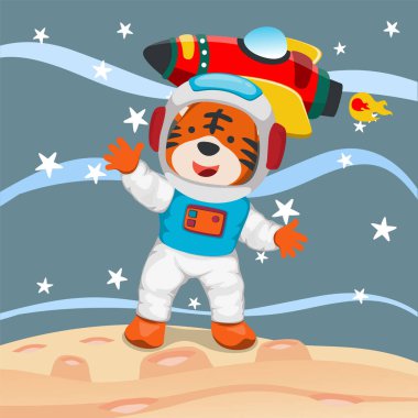 Cute cosmonaut bear in a spacesuit flies in outer space. Vector illustration on the space theme in cartoon style.