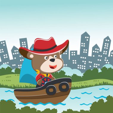 Vector cartoon illustration of cute bear sailing on sailboat with cartoon style. Can be used for t-shirt print, kids wear fashion design, fabric textile, nursery wallpaper and poster.