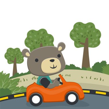 Tatlı ayı araba kullanıyor. Ormandaki komik hayvan çizgi filmine gidiyor. Kumaş, tekstil, bebek odası duvar kâğıdı, poster, kart, broşür için yaratıcı çocuksu bir geçmiş. ve diğer dekorasyon.