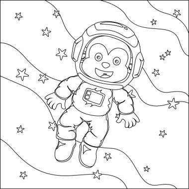Vector children's coloring book. Cute tiger astronaut flies in space. Around the star and planet. Children's coloring book