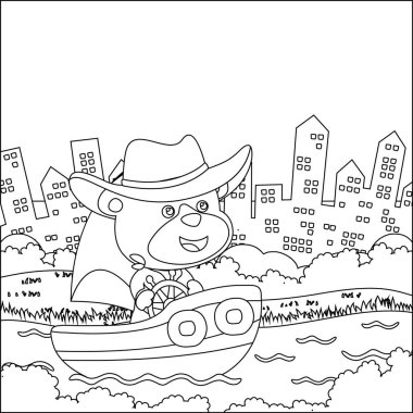 Vector cartoon illustration of cute bear  on sailboat with cartoon style. Childish design for kids activity colouring book or page.