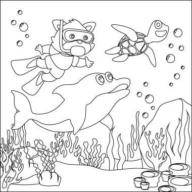 Vector cartoon illustration of little fox with cartoon style Childish design for kids activity colouring book or page.