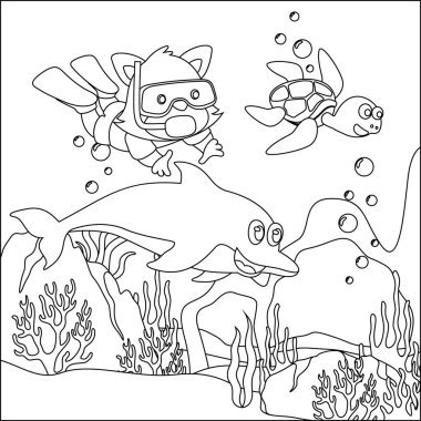 Vector cartoon illustration of little fox with cartoon style Childish design for kids activity colouring book or page.