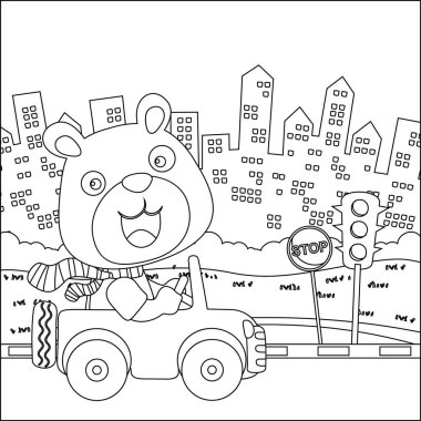 Vector cartoon of funny bear driving car in the junggle. Cartoon isolated vector illustration, Creative vector Childish design for kids activity colouring book or page.