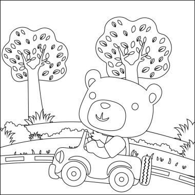 Vector cartoon of funny bear driving car in the junggle. Cartoon isolated vector illustration, Creative vector Childish design for kids activity colouring book or page.