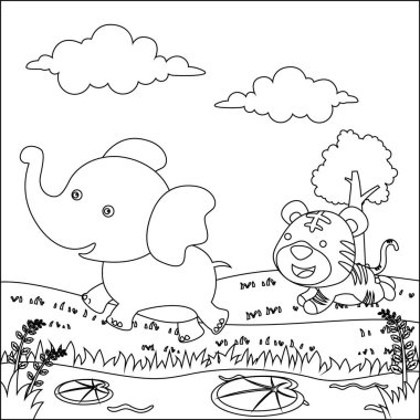 Elephant and tiger runs in Africa Funny Kid Graphic Illustration. Creative vector Childish design for kids activity colouring book or page.