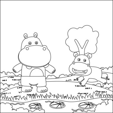 Cute little hippo play around swamp.  Creative vector Childish design for kids activity colouring book or page.