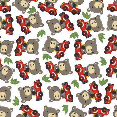 Yoldaki komik ayı sürücüsü kusursuz bir model. Kumaş, tekstil, bebek odası duvar kâğıdı, poster, kart, broşür için yaratıcı çocuksu bir geçmiş. ve diğer dekorasyon.