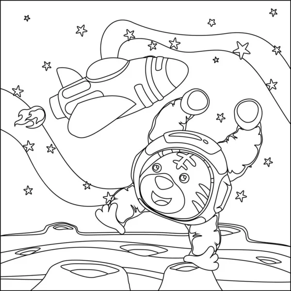 Vector children's coloring book. Cute tiger astronaut flies in space. Around the star and planet. Children's coloring book