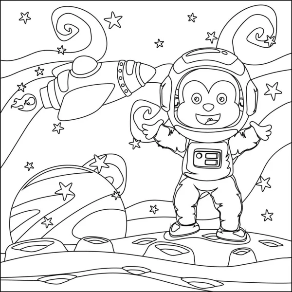Vector children's coloring book. Cute tiger astronaut flies in space. Around the star and planet. Children's coloring book