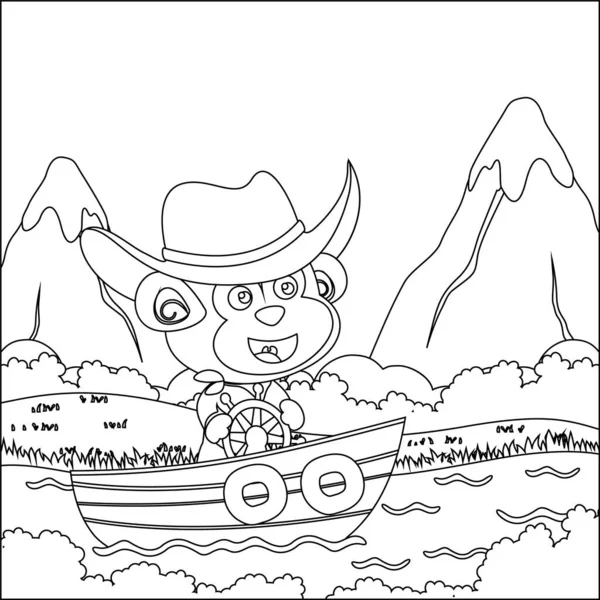 Vector cartoon illustration of cute monkey  on sailboat with cartoon style. Childish design for kids activity colouring book or page.