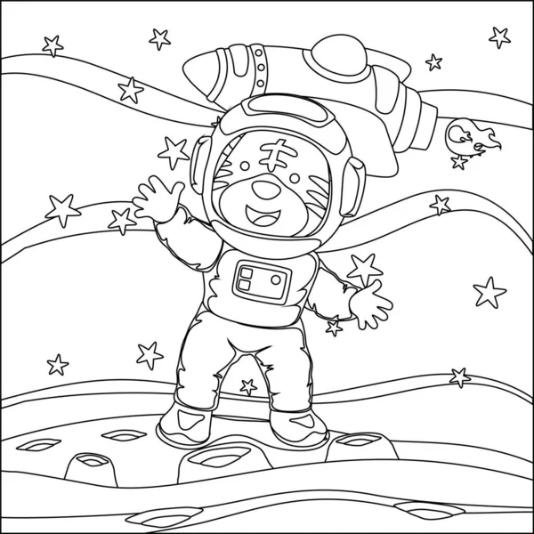 Vector children's coloring book. Cute tiger astronaut flies in space. Around the star and planet. Children's coloring book