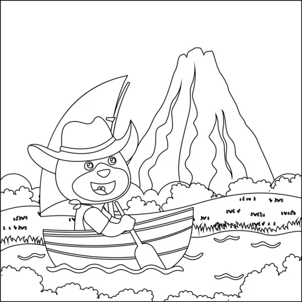 Vector cartoon illustration of cute bear  on sailboat with cartoon style. Childish design for kids activity colouring book or page.