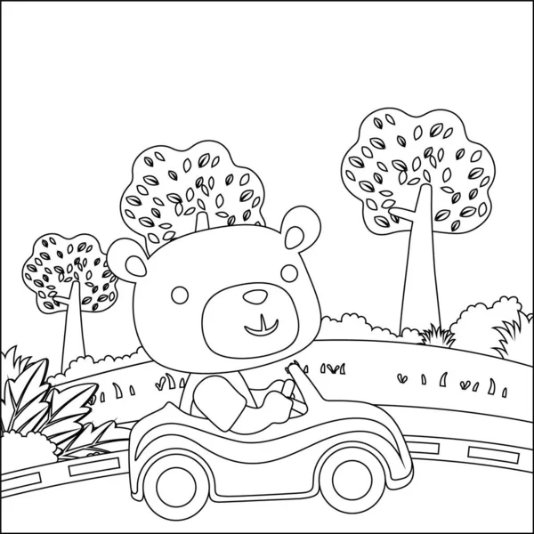 Vector cartoon of funny bear driving car in the junggle. Cartoon isolated vector illustration, Creative vector Childish design for kids activity colouring book or page.
