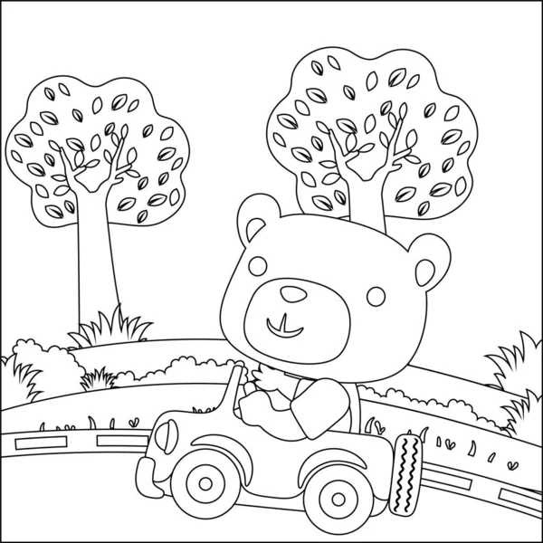 Vector cartoon of funny bear driving car in the junggle. Cartoon isolated vector illustration, Creative vector Childish design for kids activity colouring book or page.