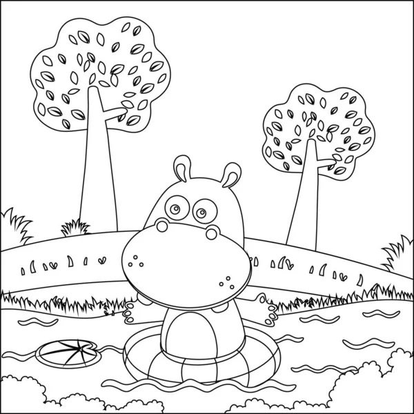 Cute hippo is Swimming with a buoy. Animal cartoon concept isolated. Trendy children graphic with Line Art Design Hand Drawing Sketch Vector illustration For Adult And Kids Coloring Book.