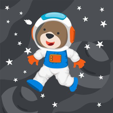 Cute cosmonaut bear in a spacesuit flies in outer space. Vector illustration on the space theme in cartoon style.