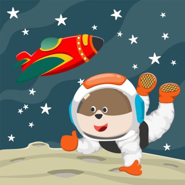 Cute cosmonaut bear in a spacesuit flies in outer space. Vector illustration on the space theme in cartoon style.