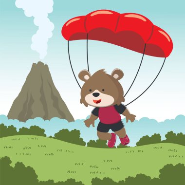 Paraşütle uçan sevimli bir ayının vektör çizimi. Çizgi film tarzında. Kumaş tekstil, çocuk odası duvar kâğıdı, kart, broşür için yaratıcı çocuksu bir geçmiş. vektör illüstrasyonu