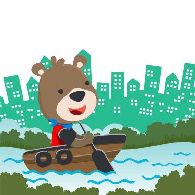 Vector cartoon illustration of cute bear sailing on sailboat with cartoon style. Can be used for t-shirt print, kids wear fashion design, fabric textile, nursery wallpaper and poster.