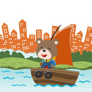 Vector cartoon illustration of cute bear sailing on sailboat with cartoon style. Can be used for t-shirt print, kids wear fashion design, fabric textile, nursery wallpaper and poster.