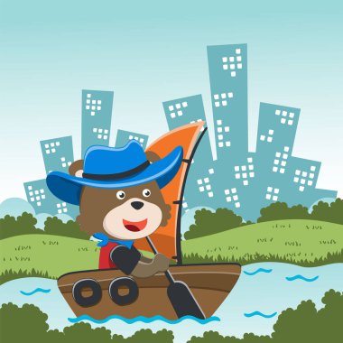 Vector cartoon illustration of cute bear sailing on sailboat with cartoon style. Can be used for t-shirt print, kids wear fashion design, fabric textile, nursery wallpaper and poster.