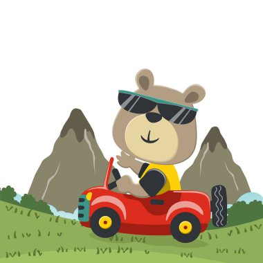 Tatlı ayı araba kullanıyor. Ormandaki komik hayvan çizgi filmine gidiyor. Kumaş, tekstil, bebek odası duvar kâğıdı, poster, kart, broşür için yaratıcı çocuksu bir geçmiş. ve diğer dekorasyon.
